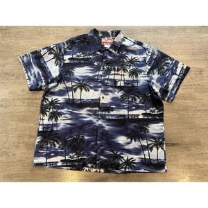 RJC Hawaiian Button Up Shirt Men 2XL Blue Short Sleeve PalmTree Cotton Collared